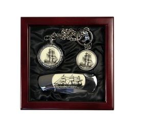 Комплект джобен часовник, нож и ключодържател, подарък