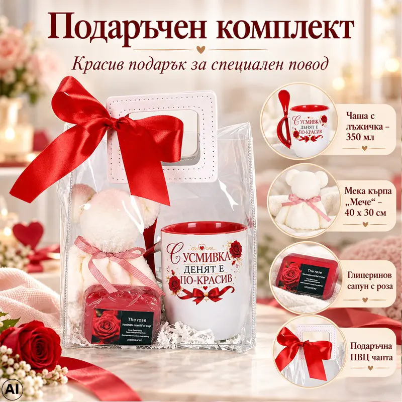 Подаръчен комплект с послание „С усмивка денят е по-красив“