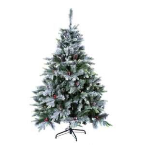 Снежна коледна елха с шишарки и червени плодчета 150 см – For Christmas