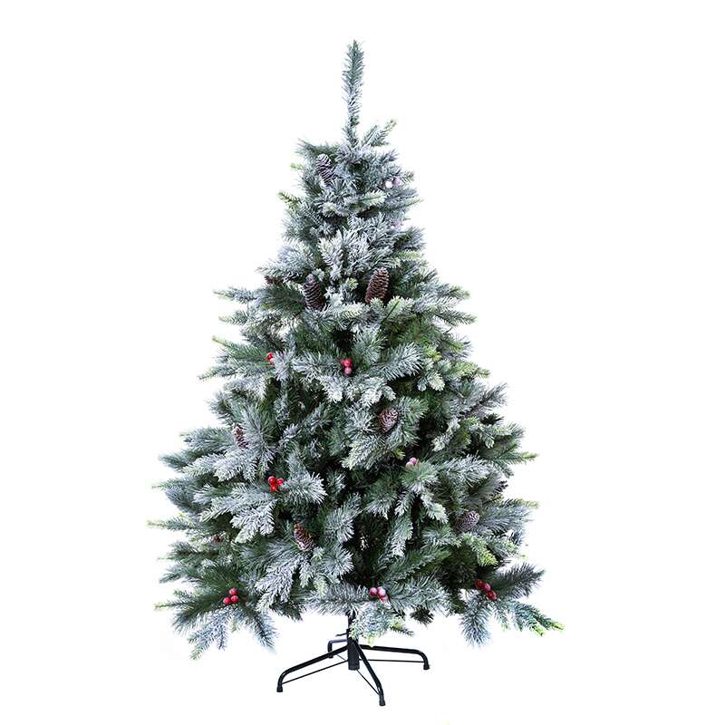Снежна коледна елха с шишарки и червени плодчета 150 см – For Christmas